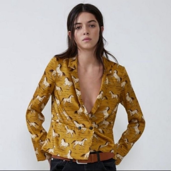 Zara Tops - Zara Mustard Horse Print Blazer-Style Satin Feel Shirt